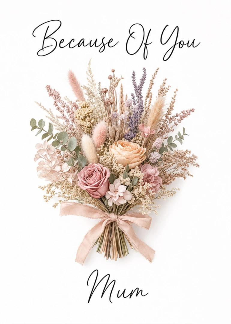 Pastel dried flower bouquet with Because Of You Mum text on a clean white card.