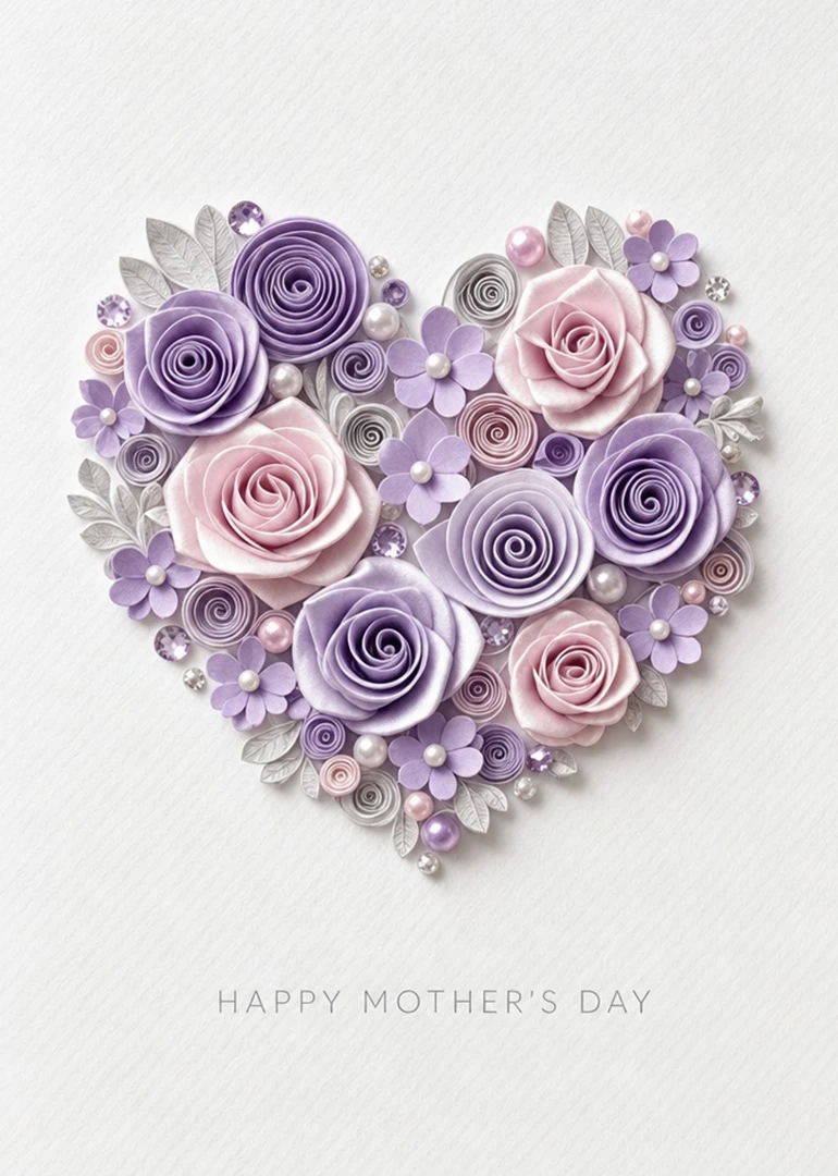 A pastel floral heart card with Happy Mother's Day text in lavender and pink tones.