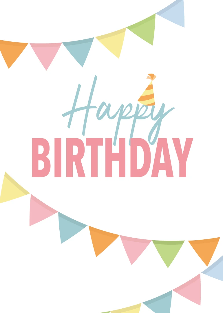 Pastel bunting frames a cheerful Happy Birthday message with a party hat on white background.