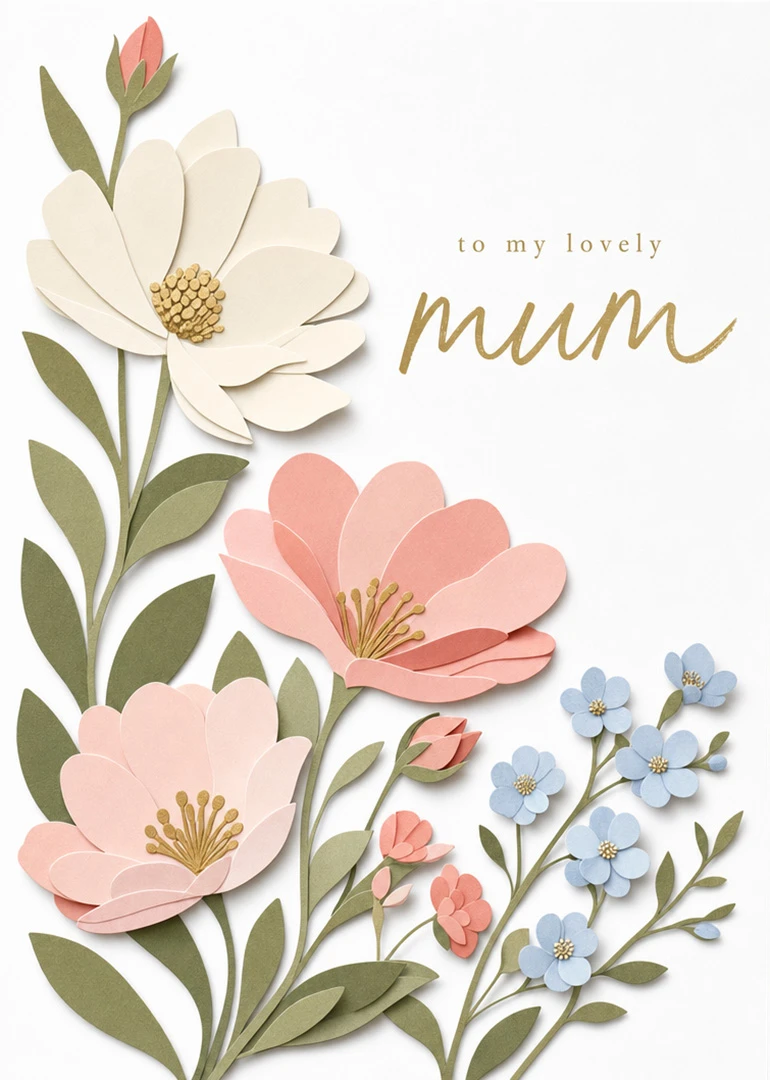 Paper-cut flowers in cream, pink and blue surround gold text reading to my lovely mum