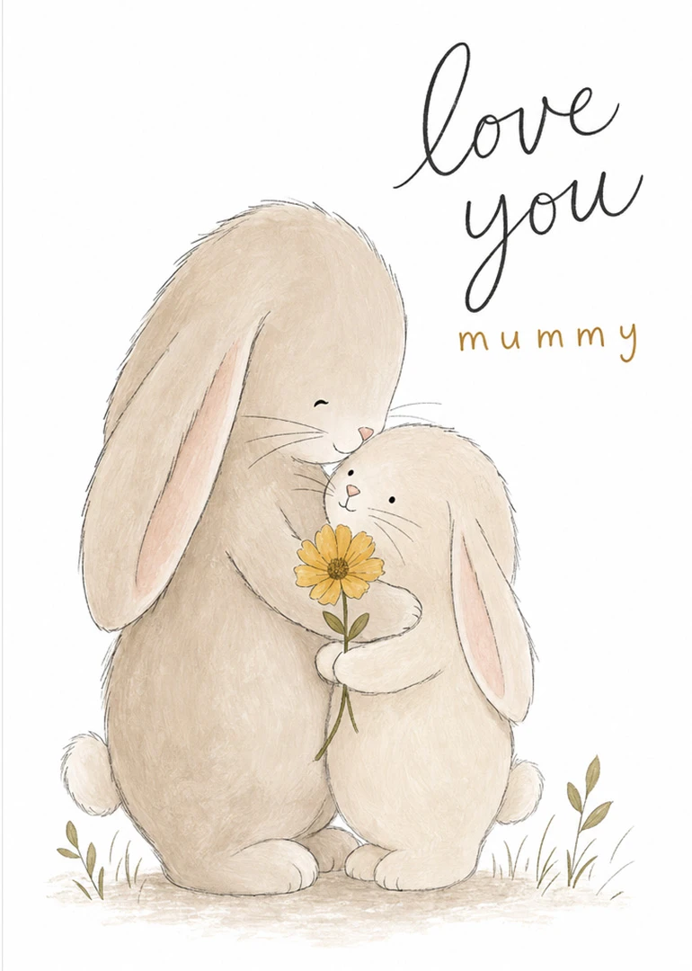 Two soft rabbits cuddle around a yellow flower beneath love you mummy text.