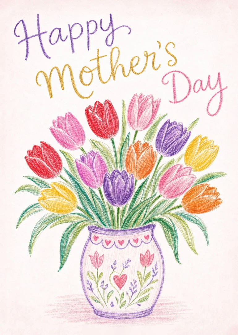 Hand-drawn bouquet of colorful tulips in a vase with Happy Mother's Day text above it.
