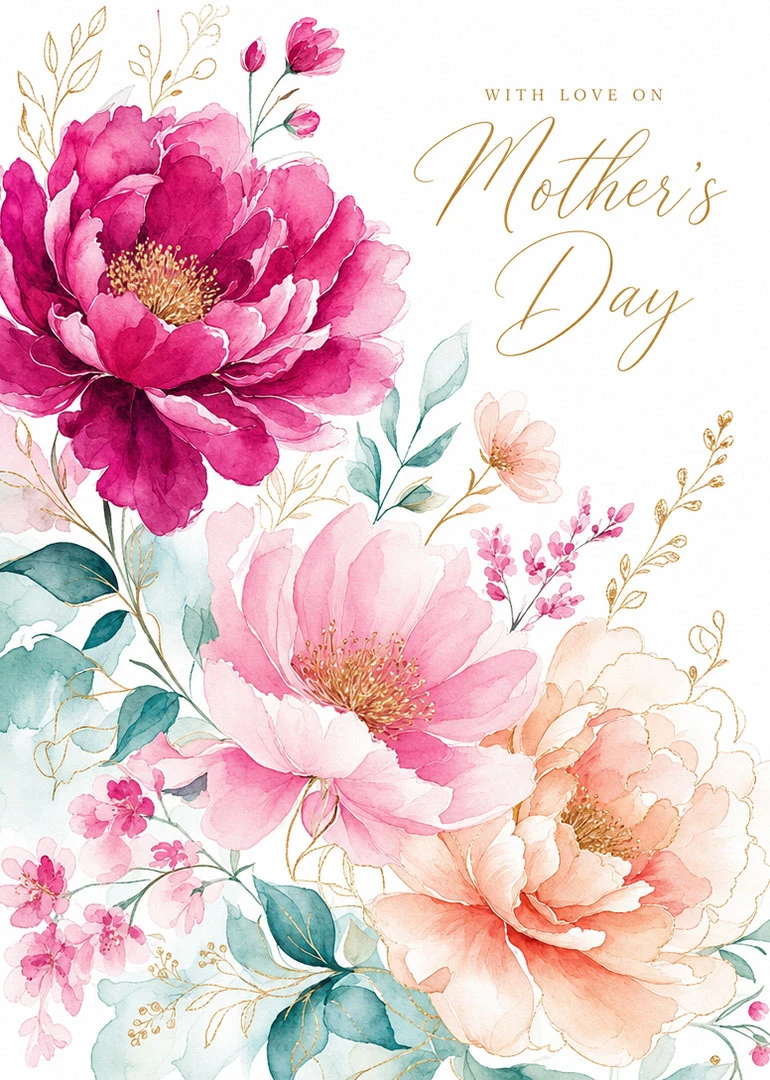 Watercolor floral Mother's Day card with pink and peach blooms and gold lettering.