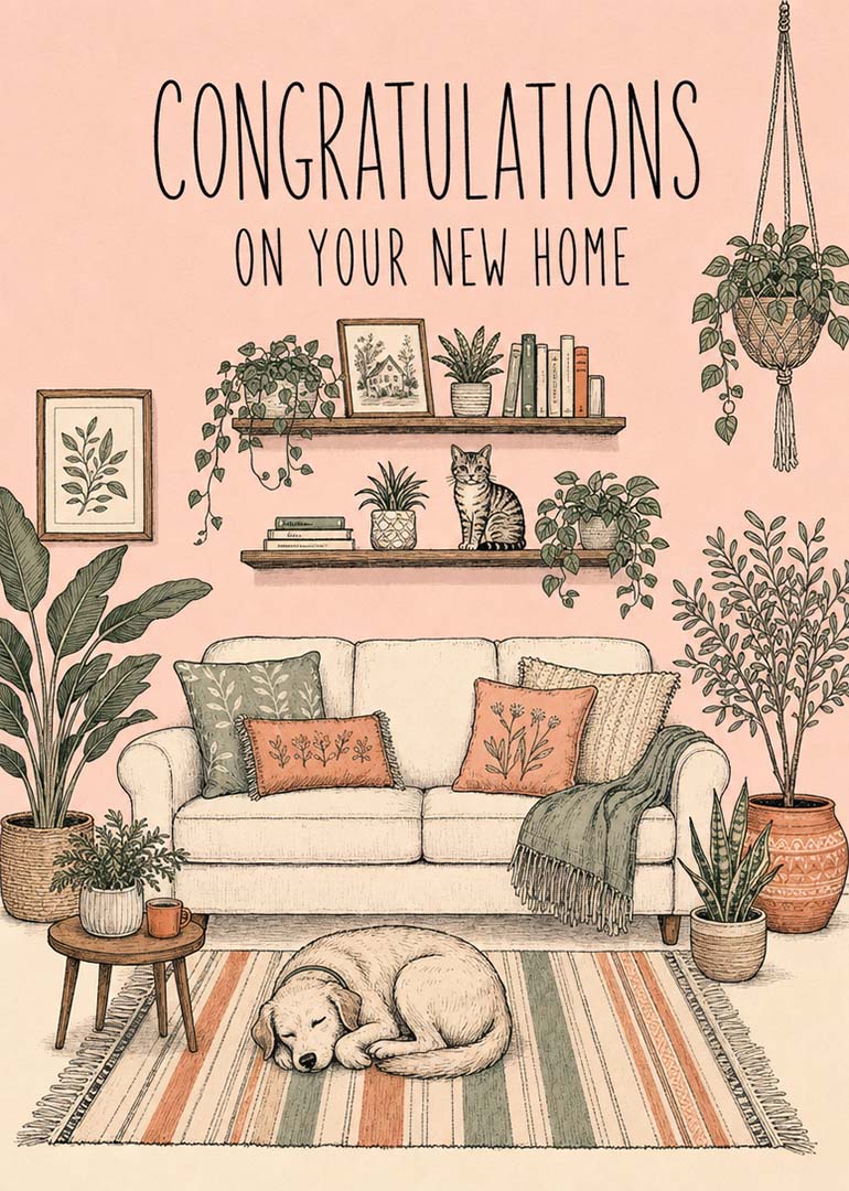 Illustration of cozy living room with couch, sleeping dog, cat, and houseplants