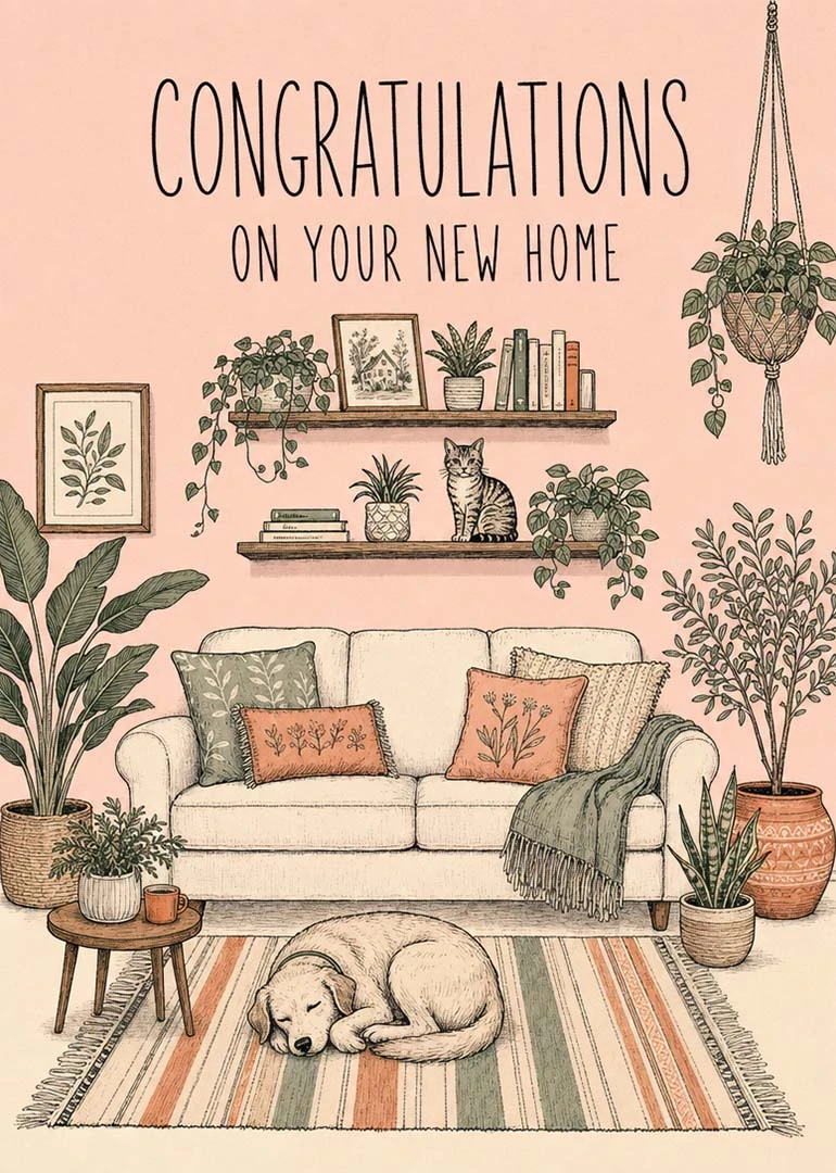 Cozy living room card with plants, cat, dog, and congratulations on your new home illustration.