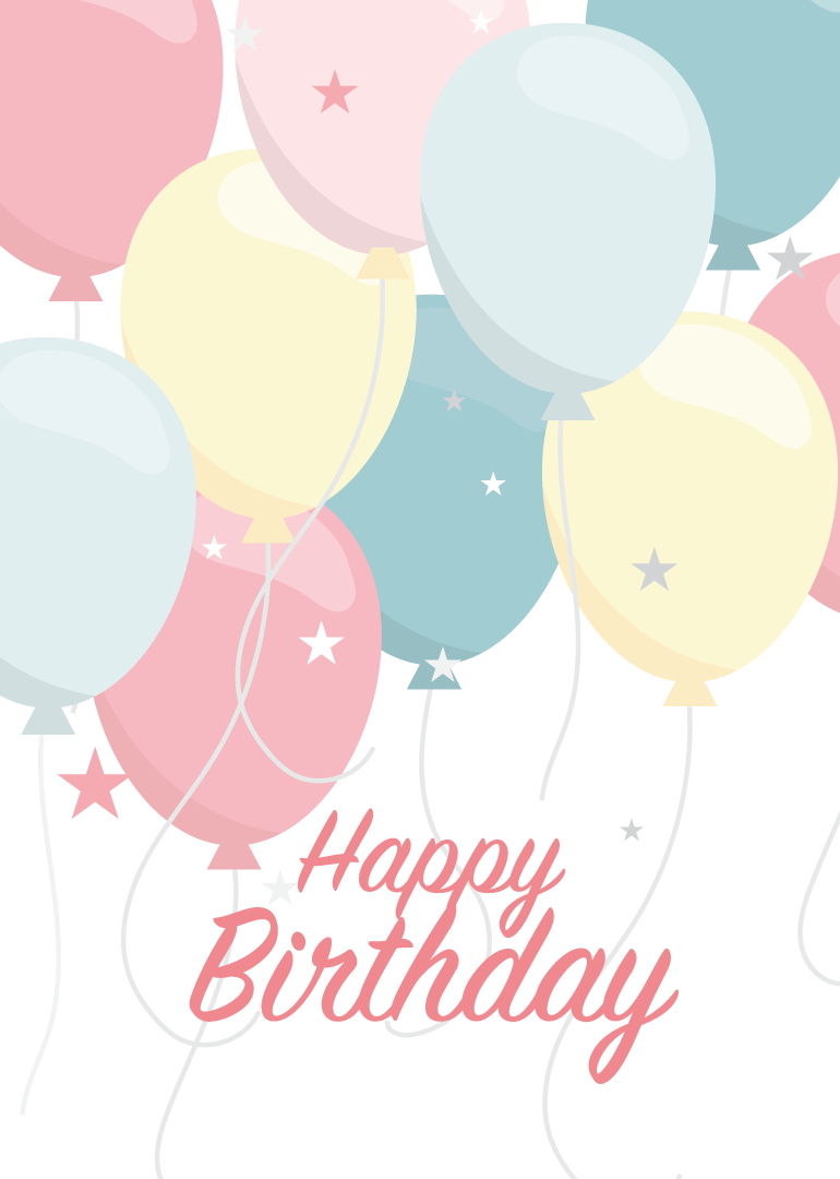 Birthday card with pastel balloons and stars with happy birthday text
