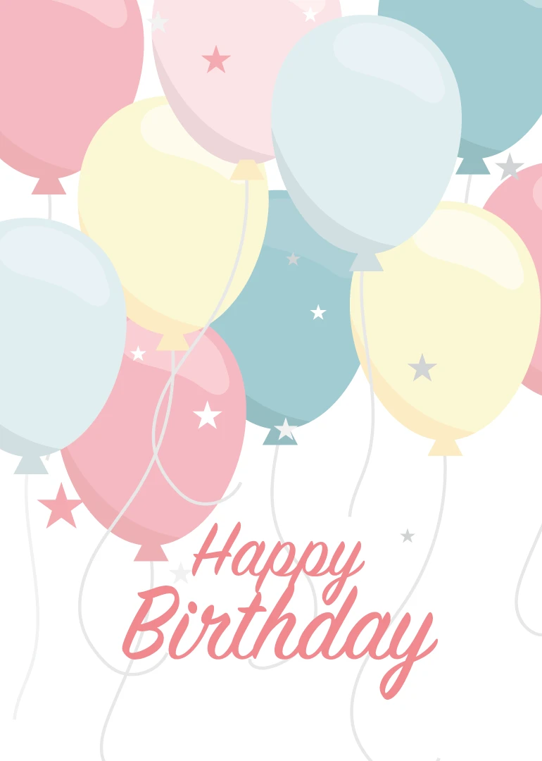 Pastel balloons and stars float above Happy Birthday in pink script on a white background.