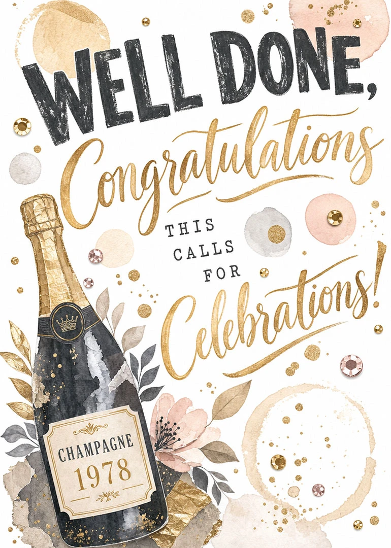 Gold champagne bottle card with well done congratulations lettering and festive confetti for elegant celebrations.