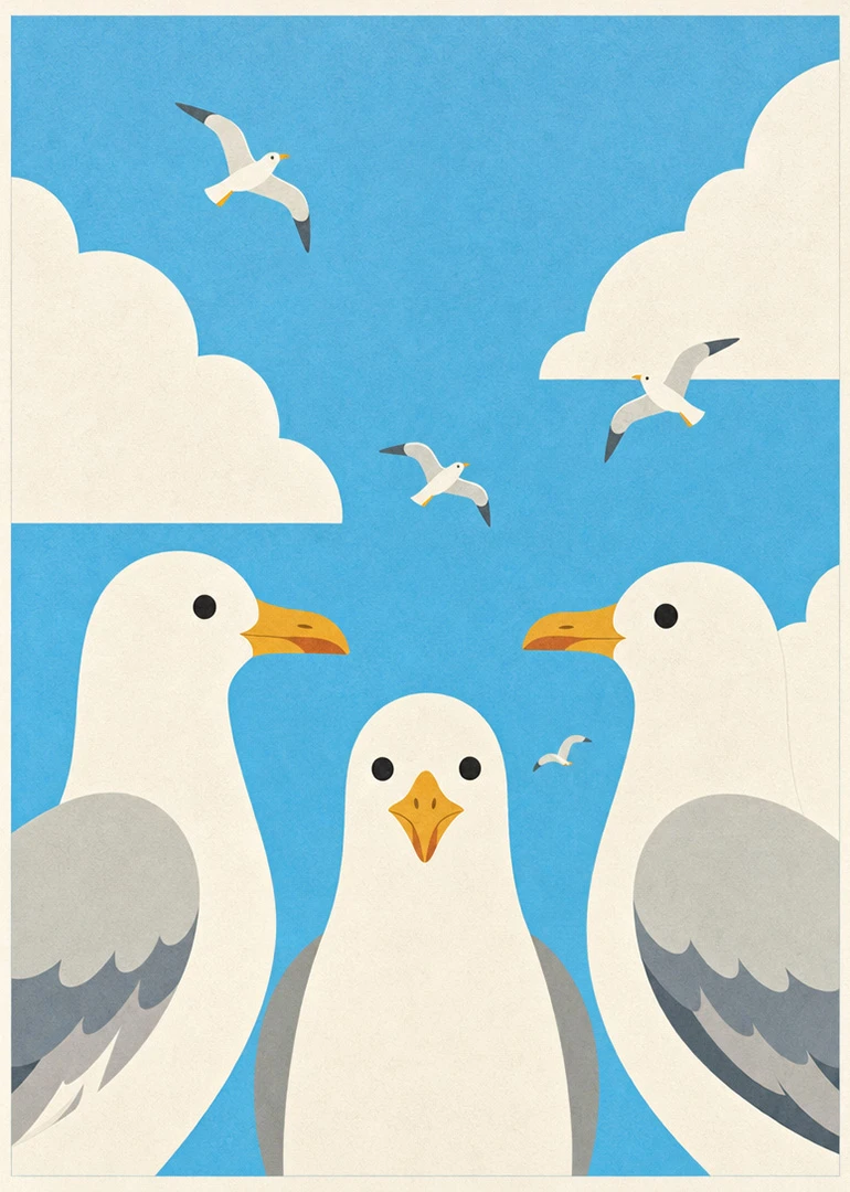 Three seagulls fly among clouds in a bright blue sky with a playful retro illustration.