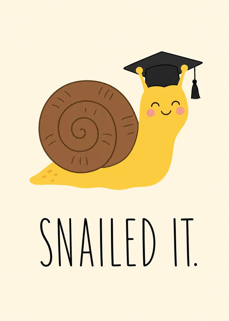 Cute yellow snail wearing a graduation cap with the words Snailed It on cream background.