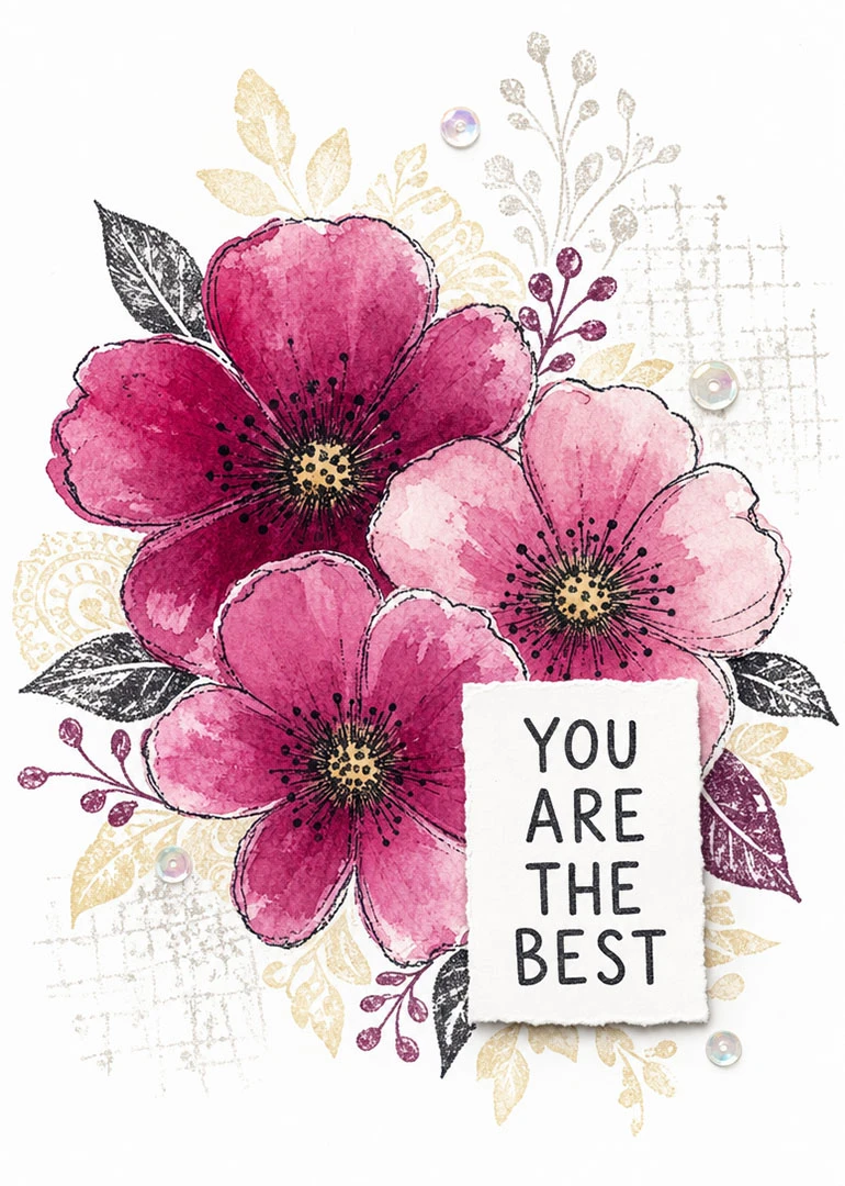 Watercolor pink flowers surround a card reading You Are The Best on a white background.