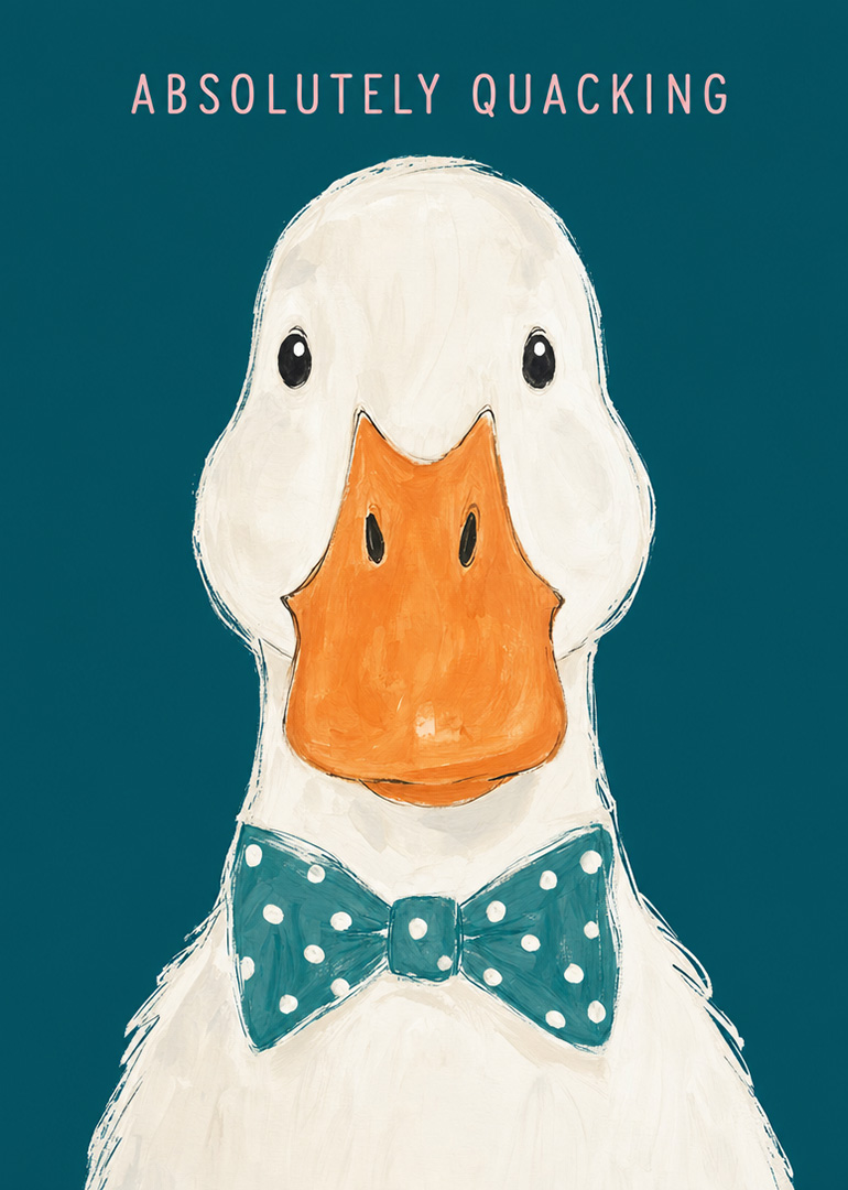 Illustration of a duck wearing a polka dot bow tie with quacking text