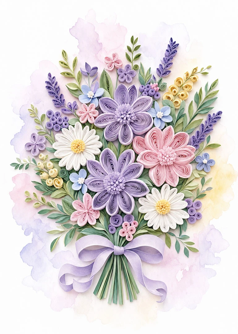 Pastel quilled floral bouquet with lavender ribbon on a soft watercolor background.