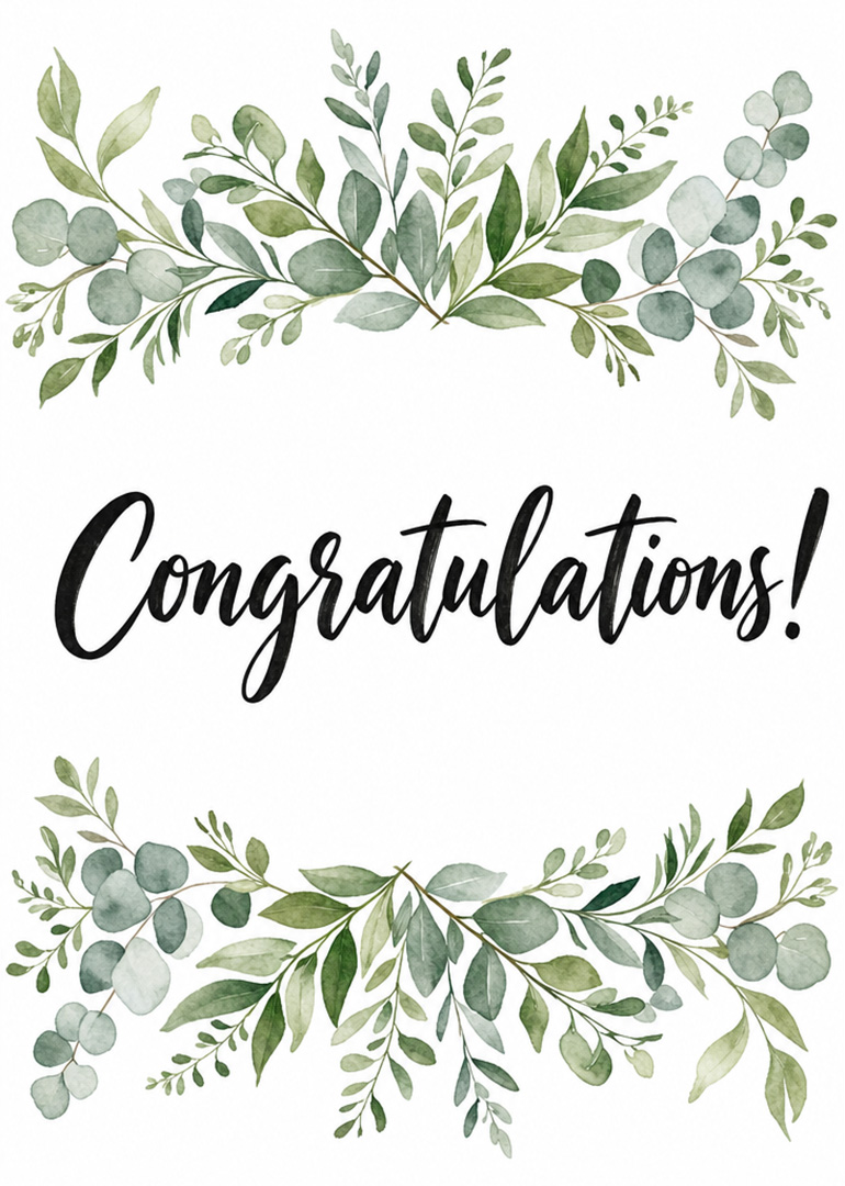 Watercolor greenery framing elegant congratulations text in black script