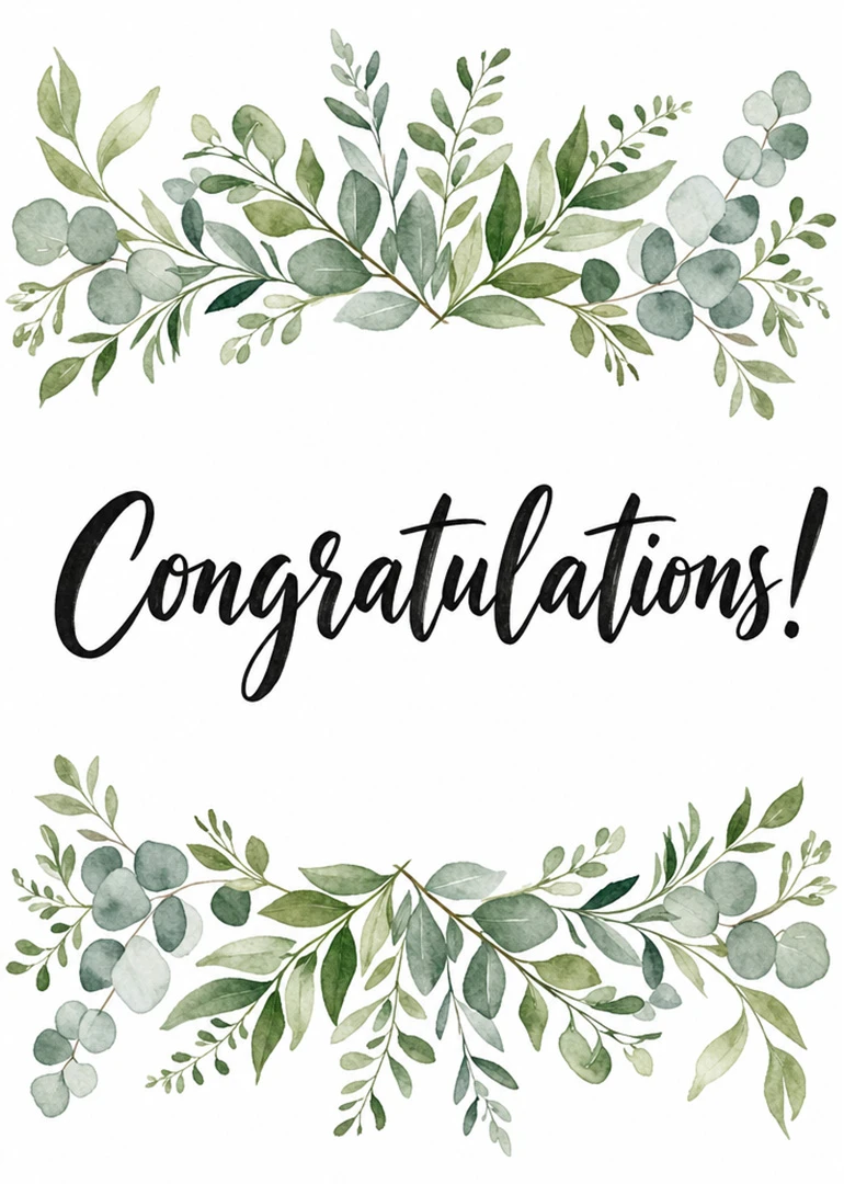 Watercolor greenery frames a handwritten Congratulations message on a clean white card background with botanicals.