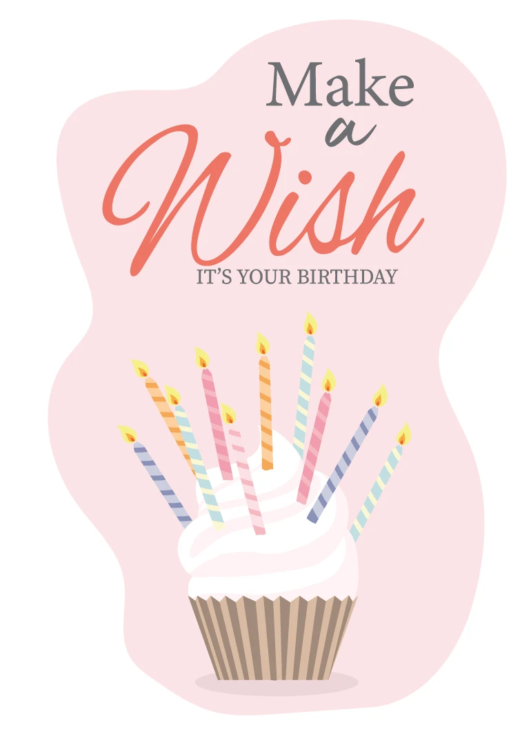Pastel birthday card with cupcake, striped candles, and the message Make a Wish for celebration.