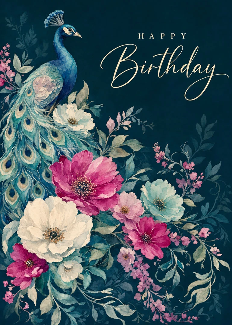 A watercolor peacock surrounded by lush flowers on a dark teal Happy Birthday card.