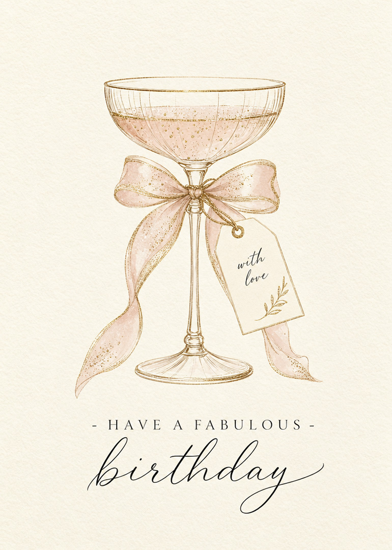 Champagne glass with ribbon bow and birthday greeting text