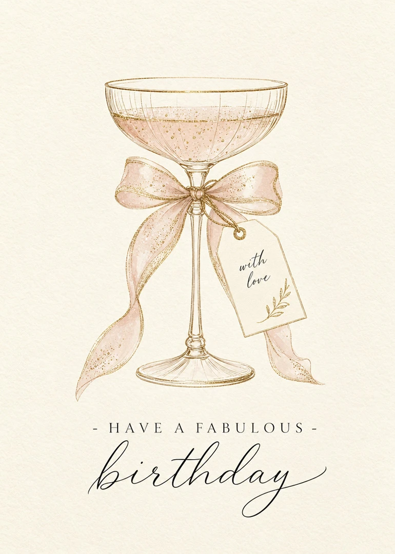 Elegant birthday card with a champagne glass, pink ribbon, and with love gift tag design.