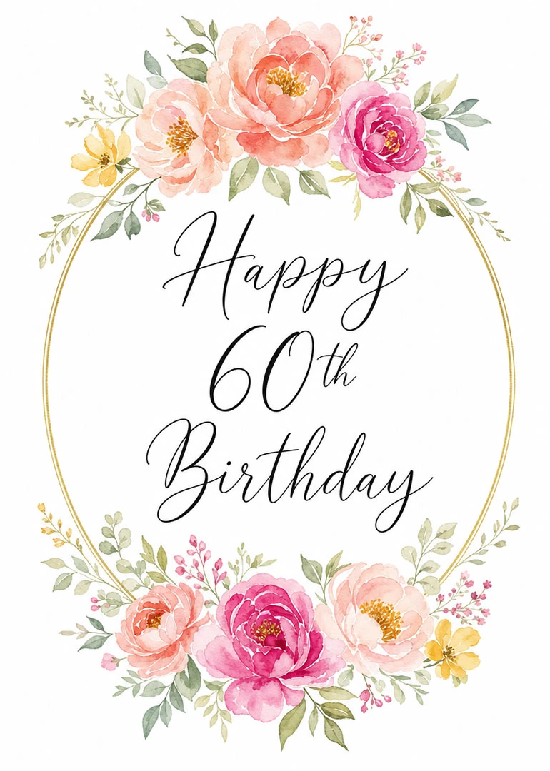 Watercolor floral birthday card with Happy 60th Birthday wording and soft pink, peach, yellow blooms.
