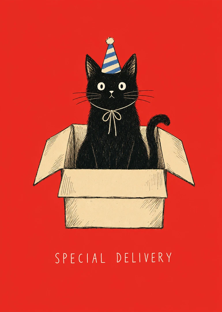 Black cat sitting in a box wearing a party hat with Special Delivery text below.