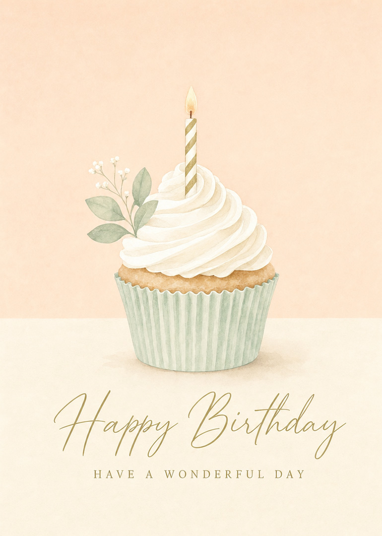 Cupcake with white frosting, single lit candle and green leaves on soft pink background