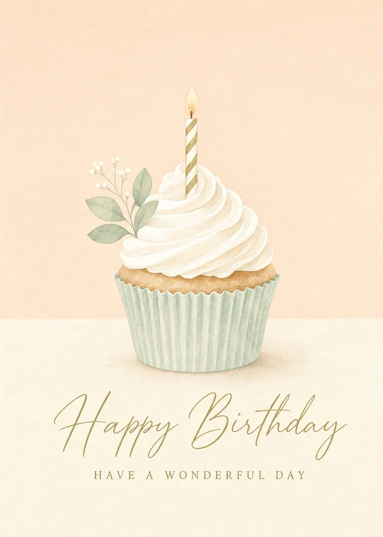 Watercolor cupcake with candle and gold Happy Birthday text on a soft pastel background card.