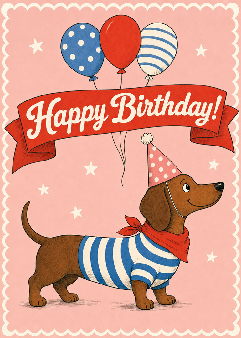 Dachshund dog in striped shirt with party hat and balloons happy birthday greeting