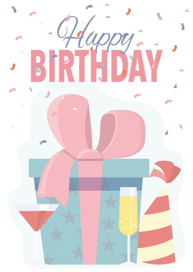 Birthday card with gift box, party hat, drinks, and confetti