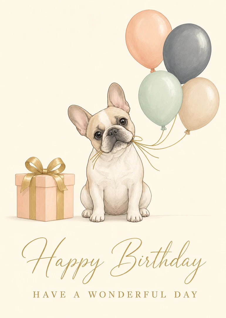 Watercolour French bulldog with balloons and gift beside Happy Birthday and Have a Wonderful Day.