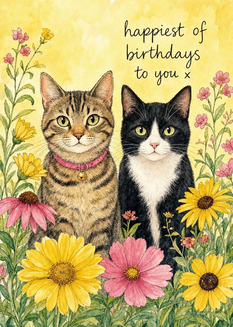 Two cats sitting among yellow and pink flowers with birthday message