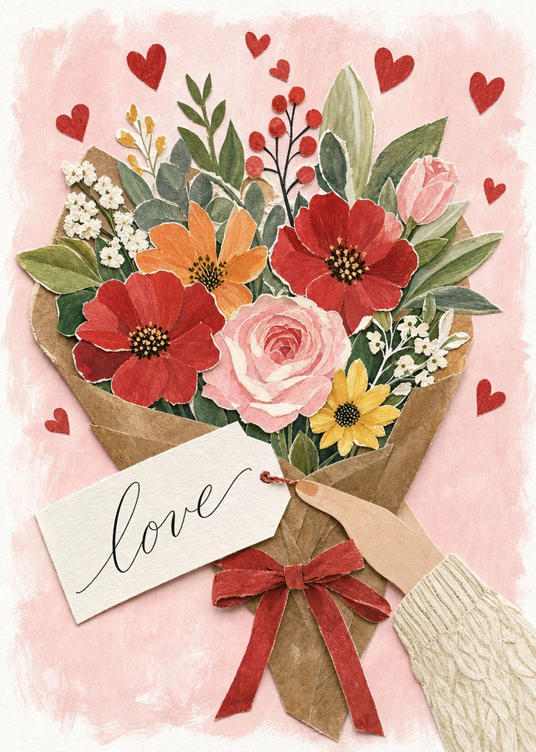 A paper collage bouquet of flowers with hearts and a love tag on pink background.
