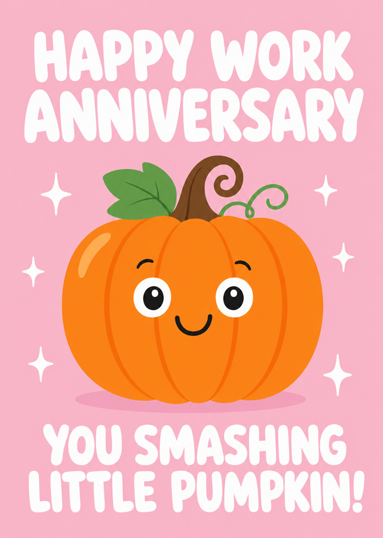 Smiling cartoon pumpkin with happy work anniversary message on pink background