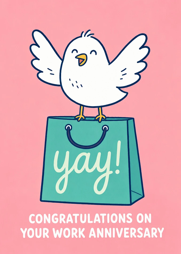 A cheerful bird stands on a gift bag saying yay with work anniversary congratulations message.