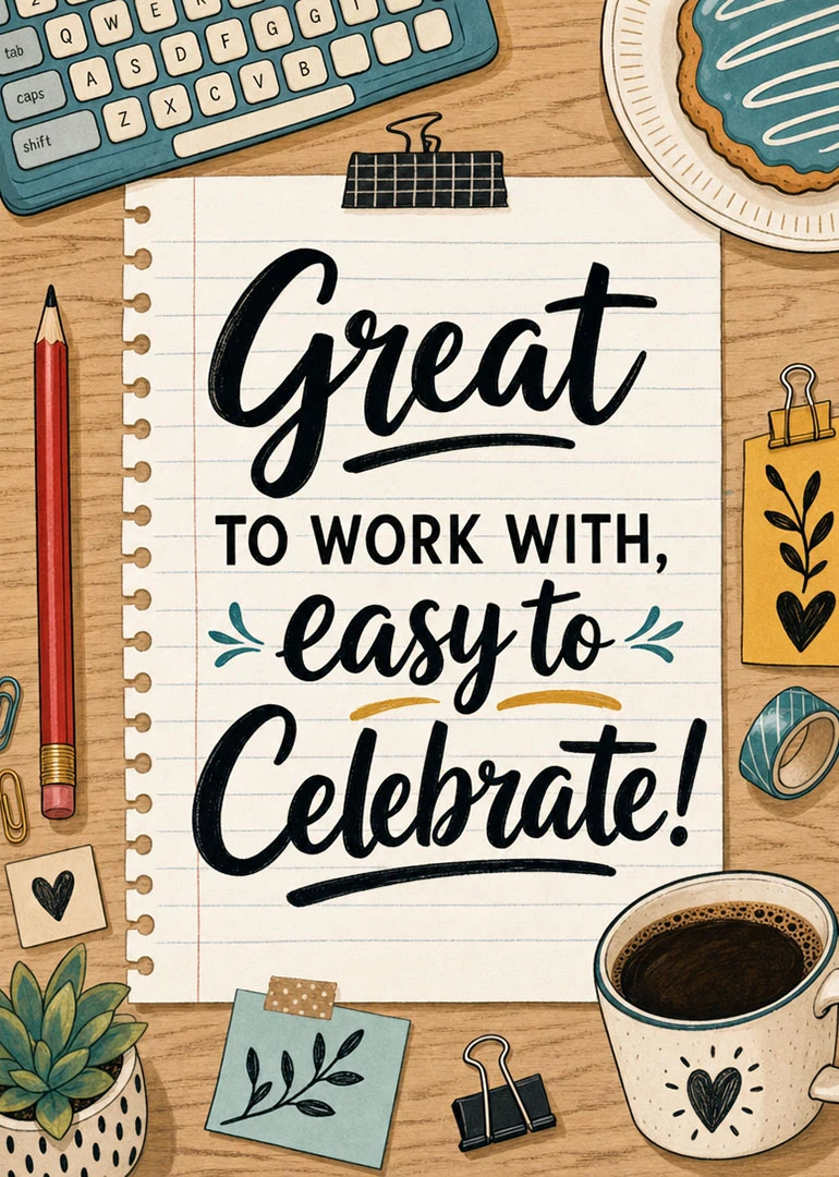 Desk-themed card saying Great to work with, easy to celebrate for a valued coworker.