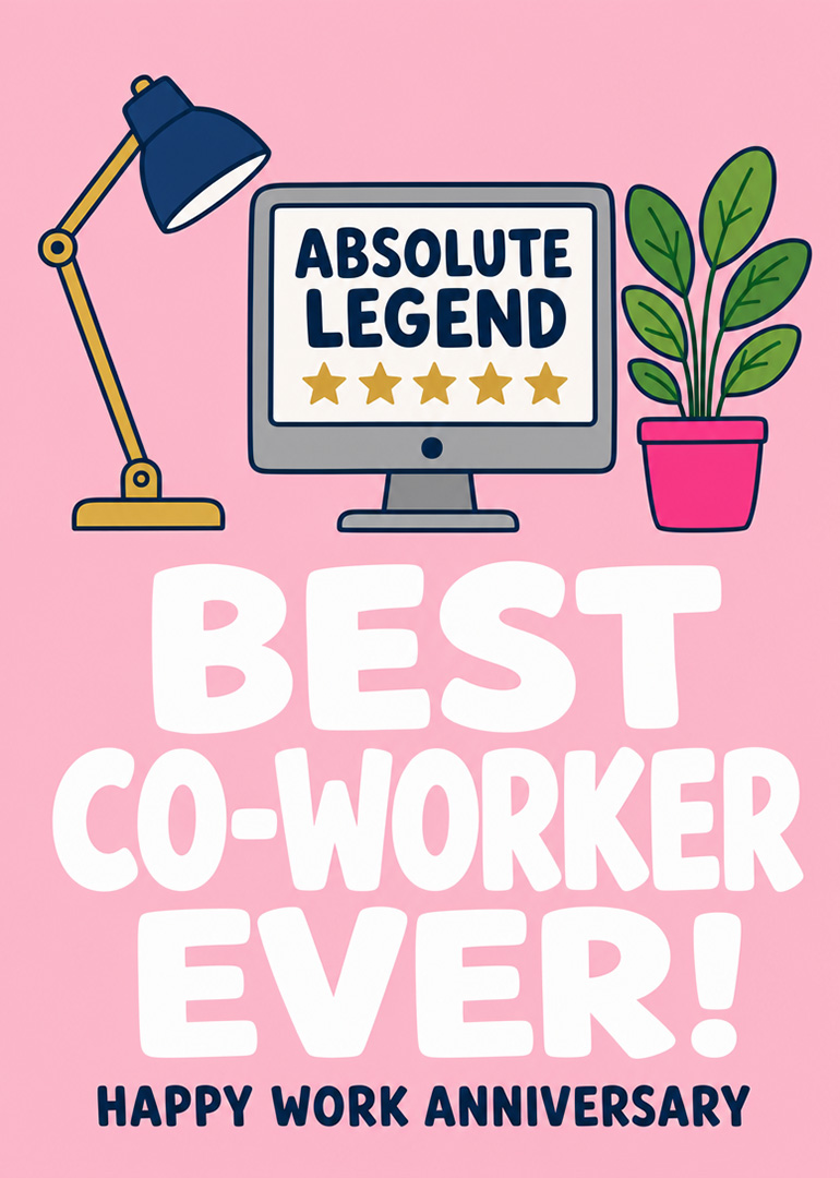 Work anniversary card with computer screen, lamp, plant, and bold text praising co-worker