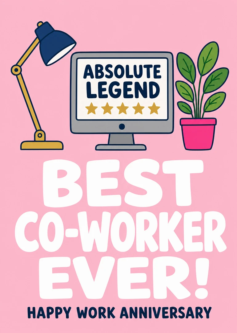 Pink work anniversary card with desk lamp, computer, plant, and Best Coworker Ever wording design.