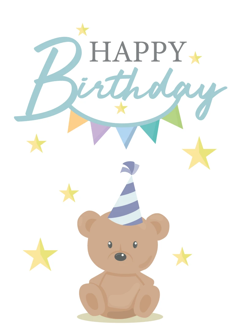 Cute teddy bear wearing a party hat beneath Happy Birthday text and colorful stars.