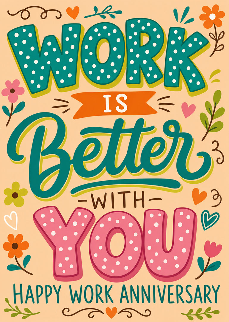 Colorful work anniversary card with floral decorations and playful text