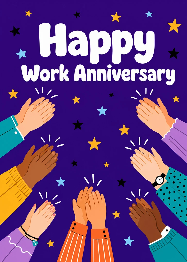 Diverse clapping hands and stars surround Happy Work Anniversary text on purple background card design.