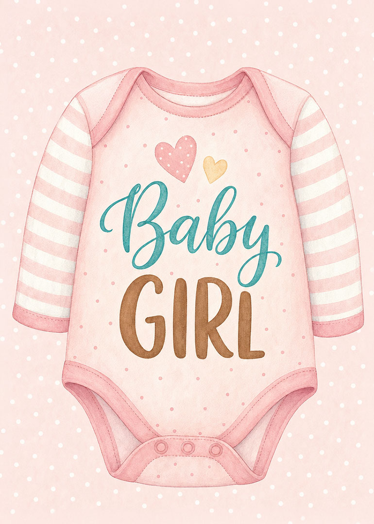 Pink baby girl onesie with striped sleeves and hearts on soft pink background