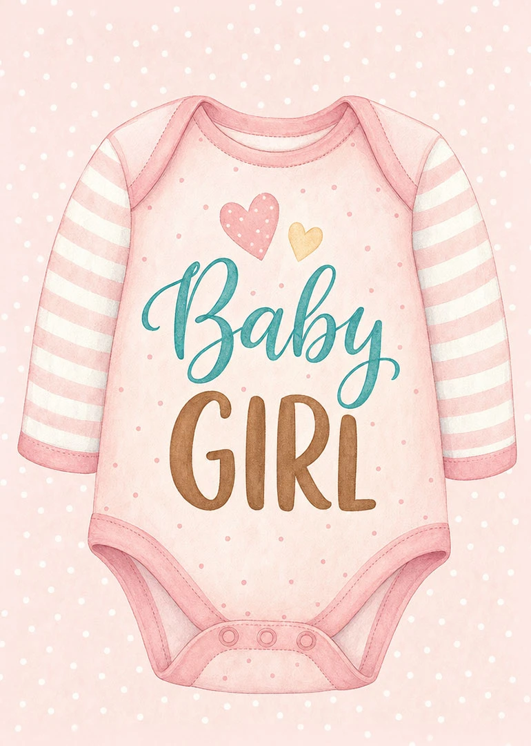 Pink baby girl onesie with striped sleeves and hearts on a soft polka dot background.