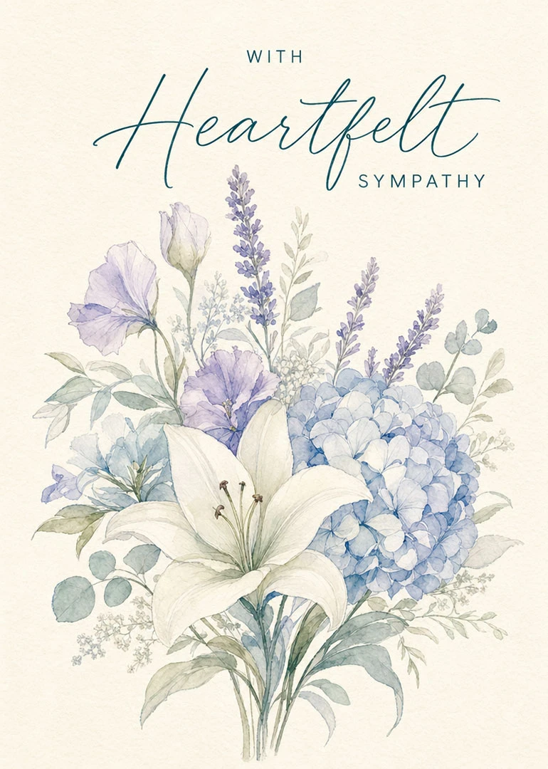 Watercolor bouquet of lilies, hydrangeas, and lavender with the words With Heartfelt Sympathy on cream.
