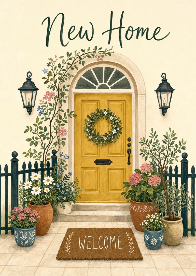 Illustrated yellow front door with flowers, wreath, and welcome mat on a new home card.