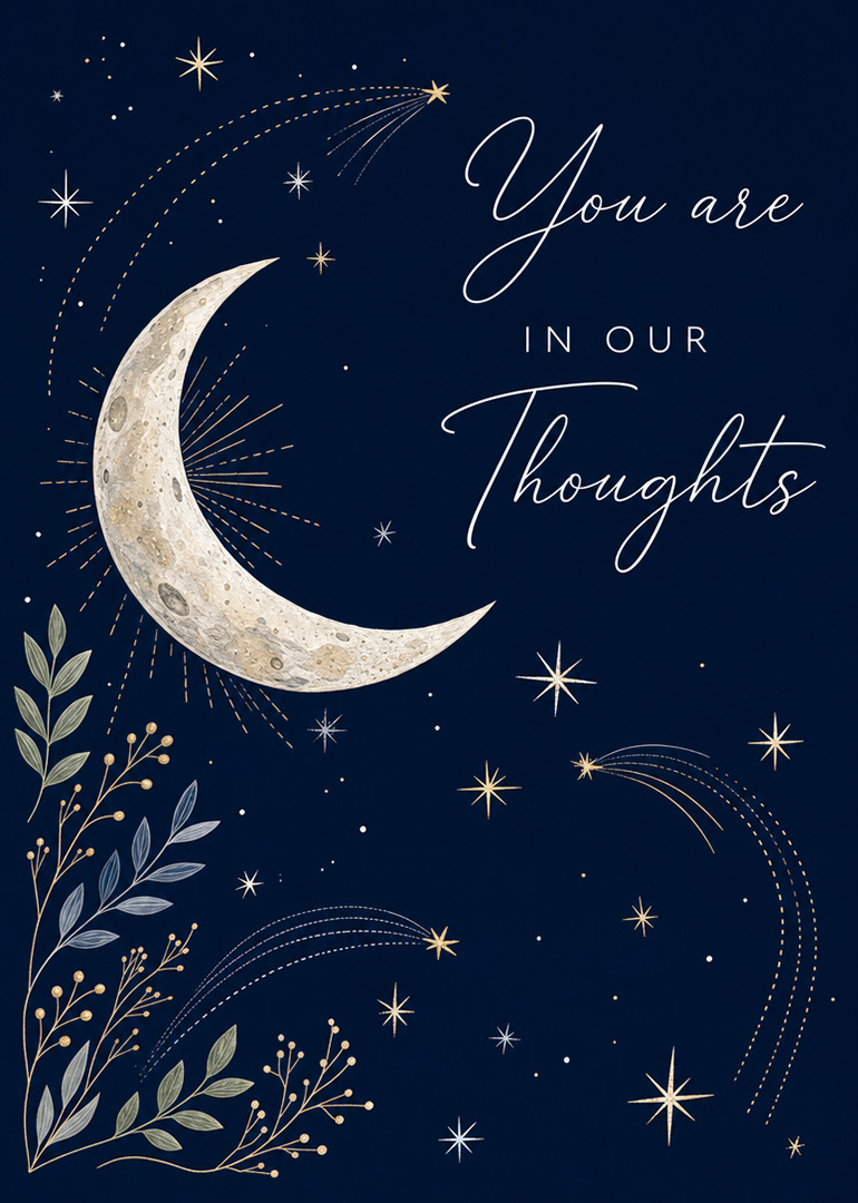 Sympathy card with crescent moon, stars, and thoughtful comforting message