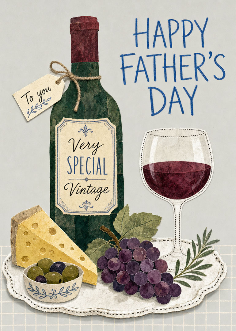 Father's Day card with wine bottle, cheese, grapes and a heartfelt message