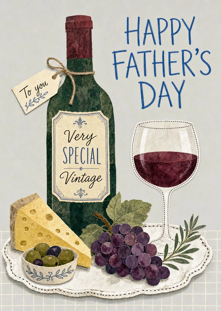 Vintage wine bottle, glass, grapes and cheese with Happy Father's Day text.