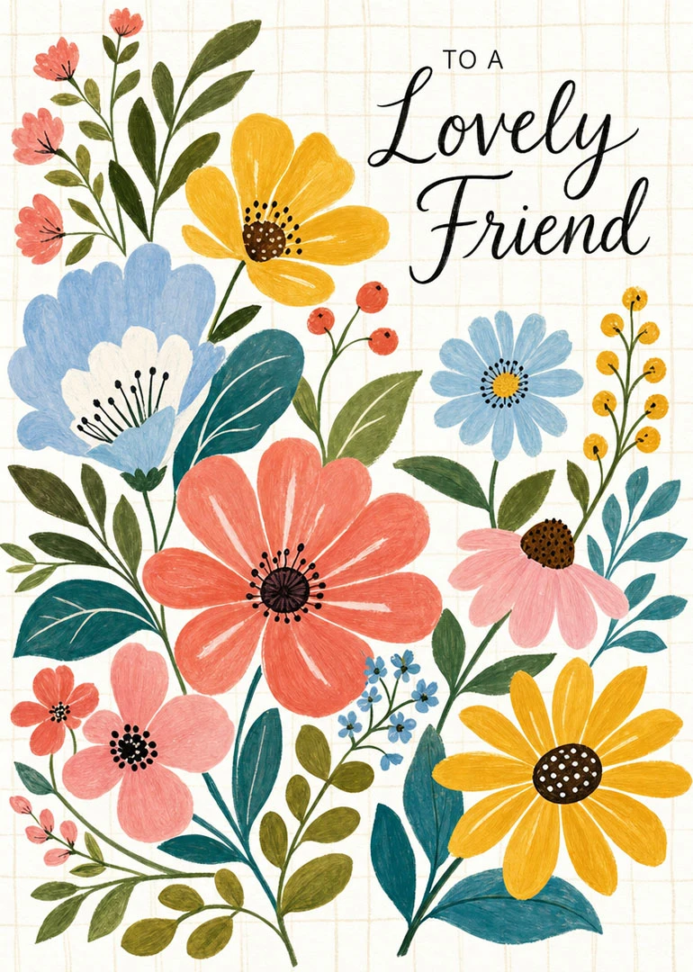 Watercolour flowers surround the words To a Lovely Friend on a soft grid background card.