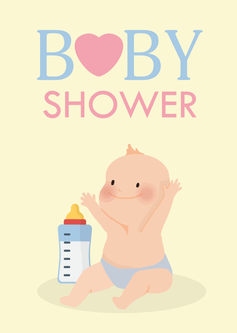 Smiling baby in diaper with bottle and heart symbol for baby shower