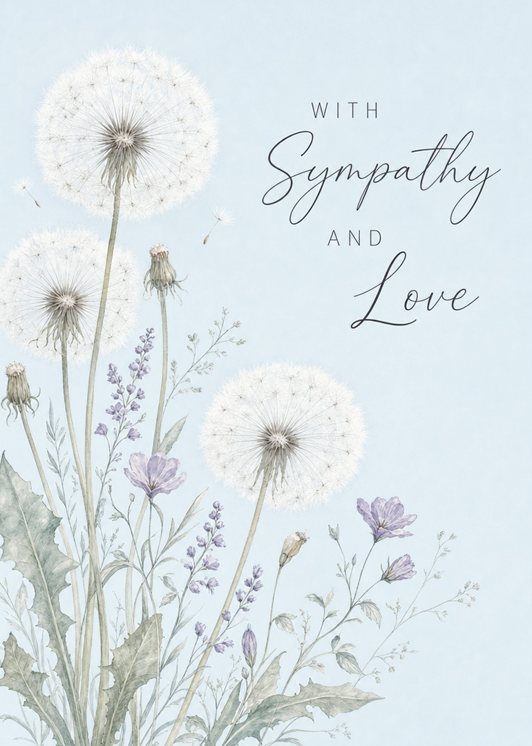 Sympathy card with dandelions and delicate purple flowers on pale blue background